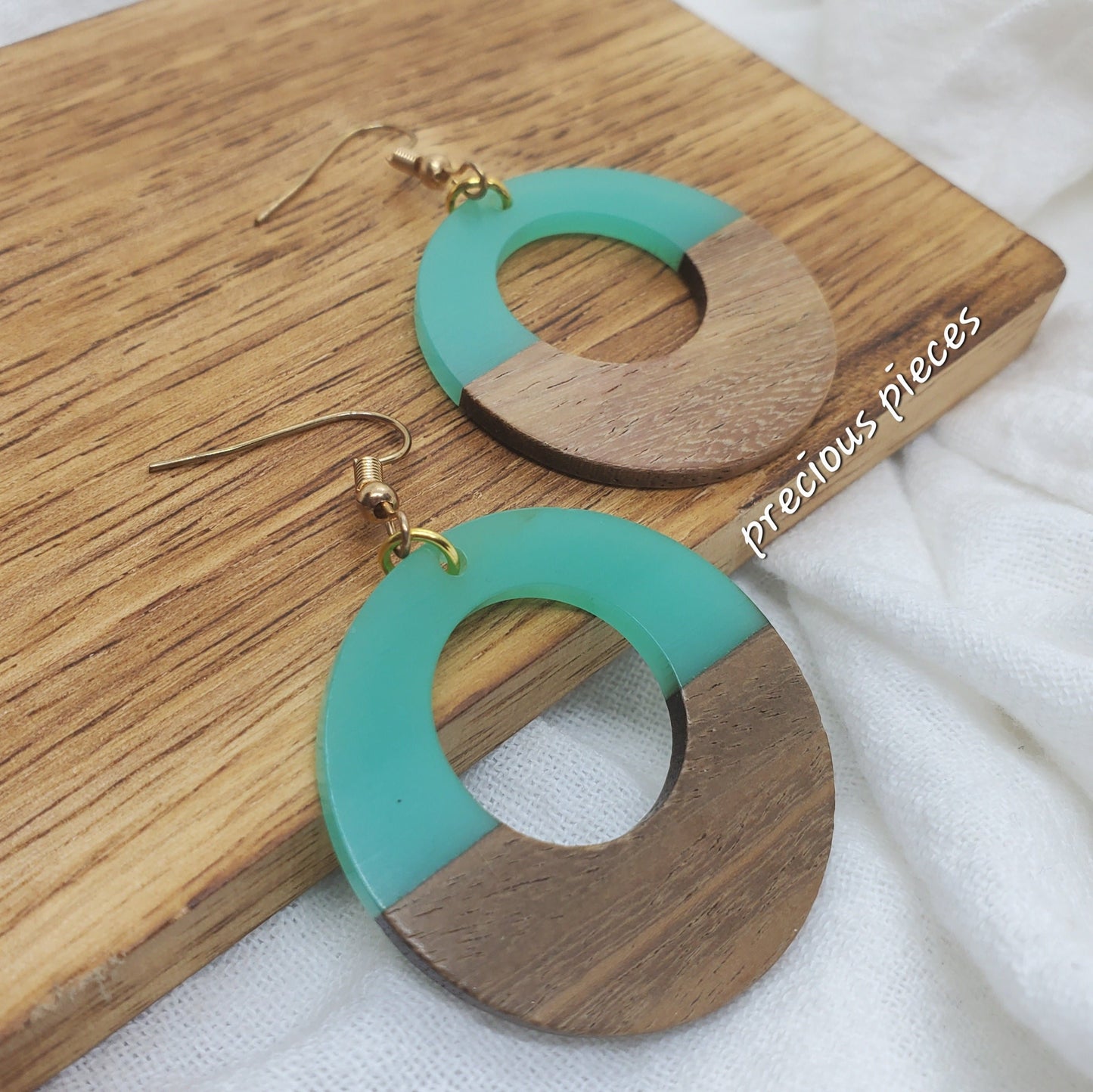 Light Green & Wood Hoop Earrings