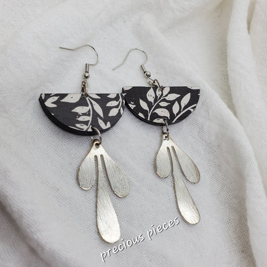 Black and White Leaf Earrings with Silver Charm