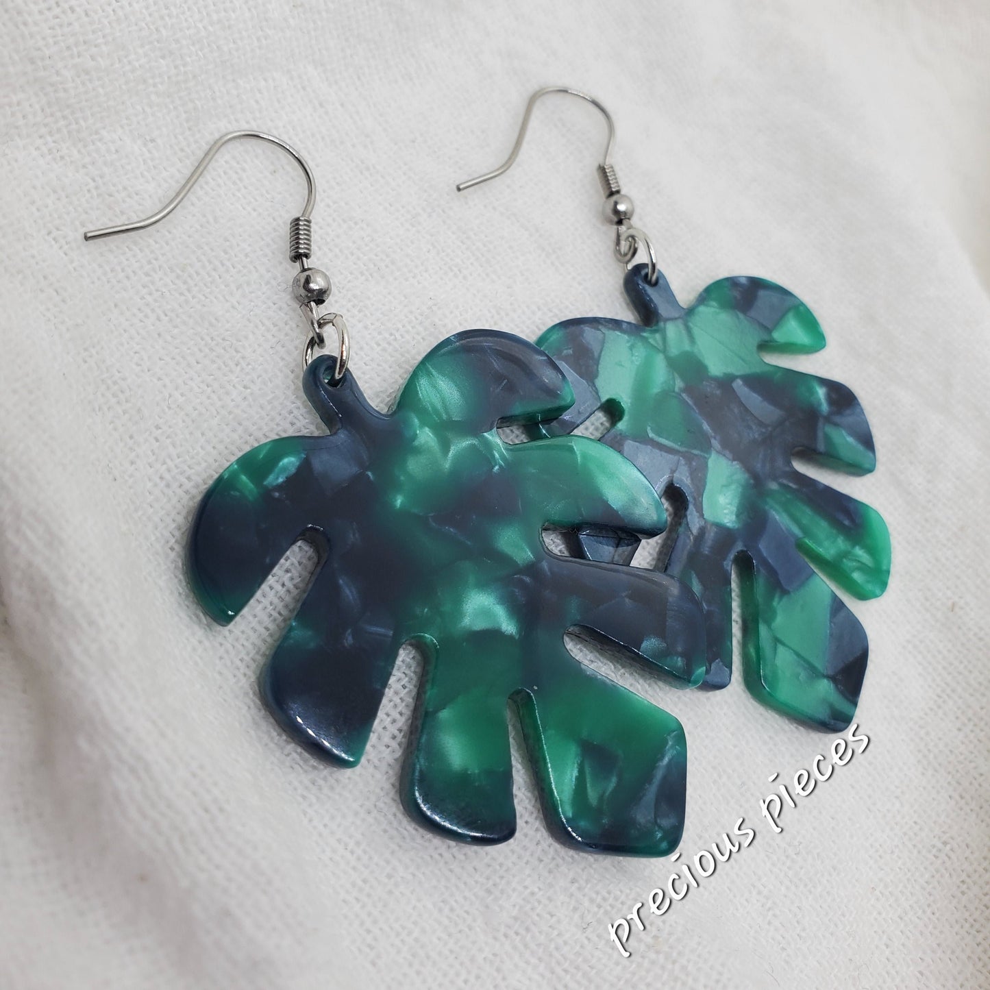 Green Monstera Leaf Earrings