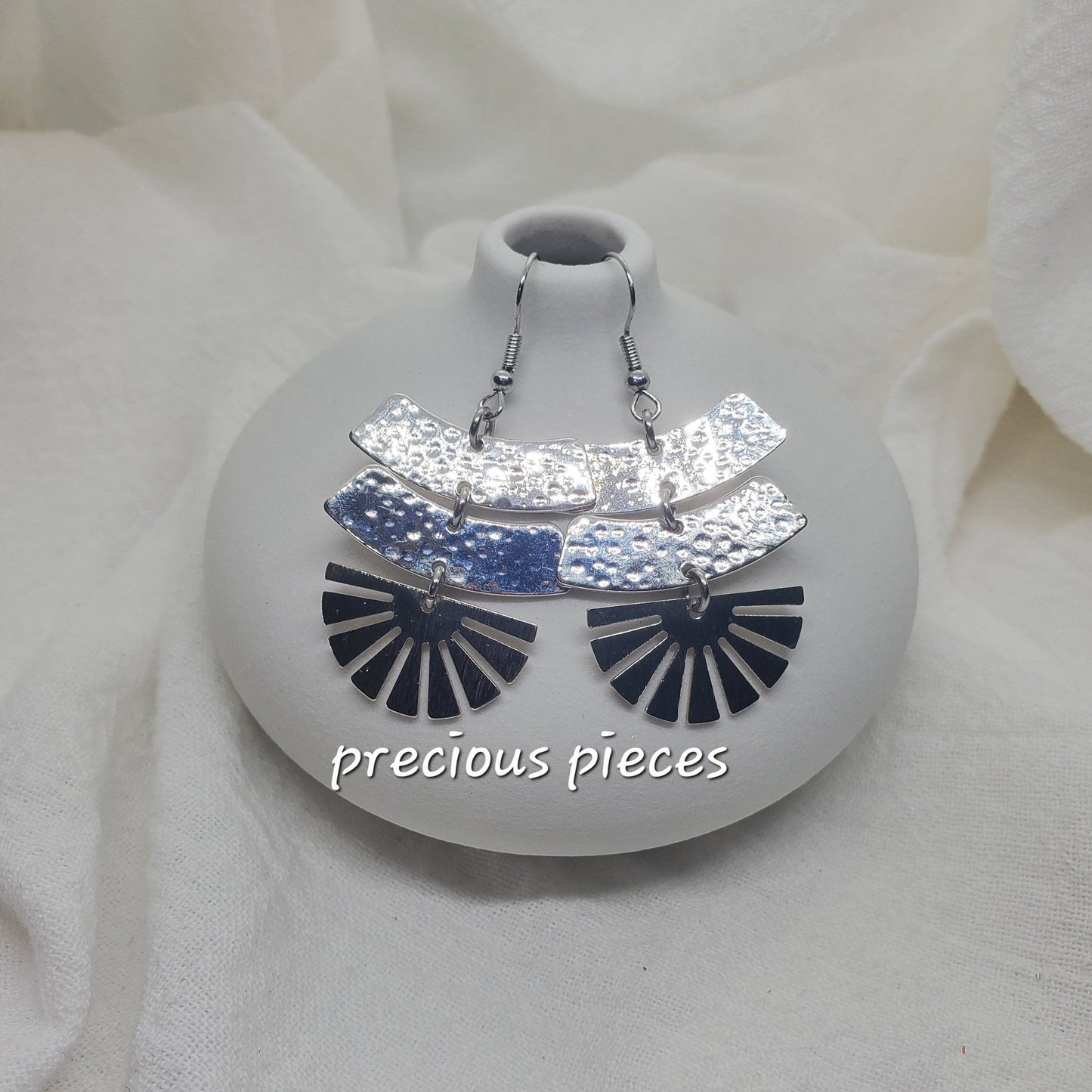 Silver Strip and Fan Shaped Earrings