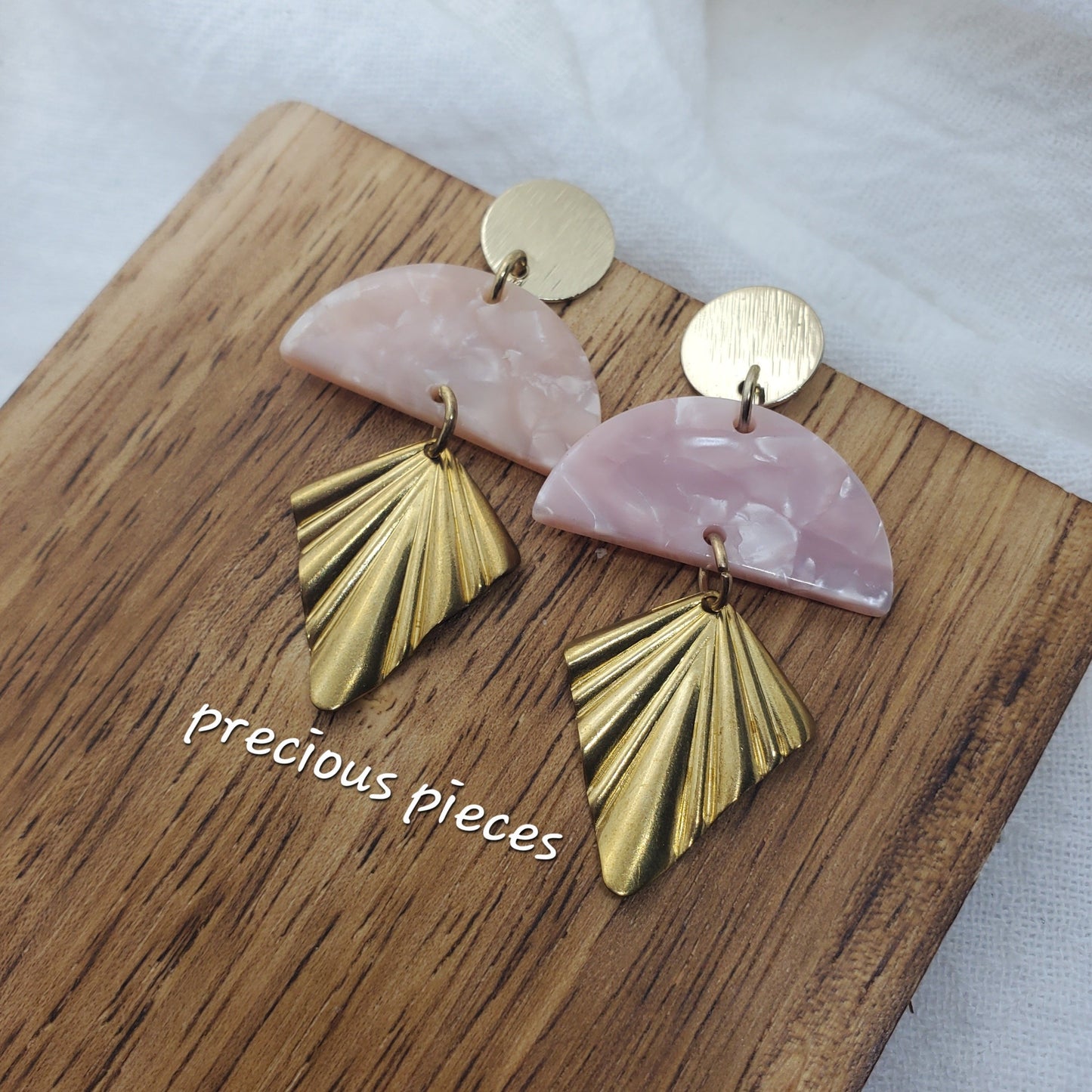 Pink Marble and Brass Earrings