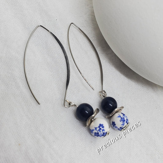 Navy Blue and Floral Earrings