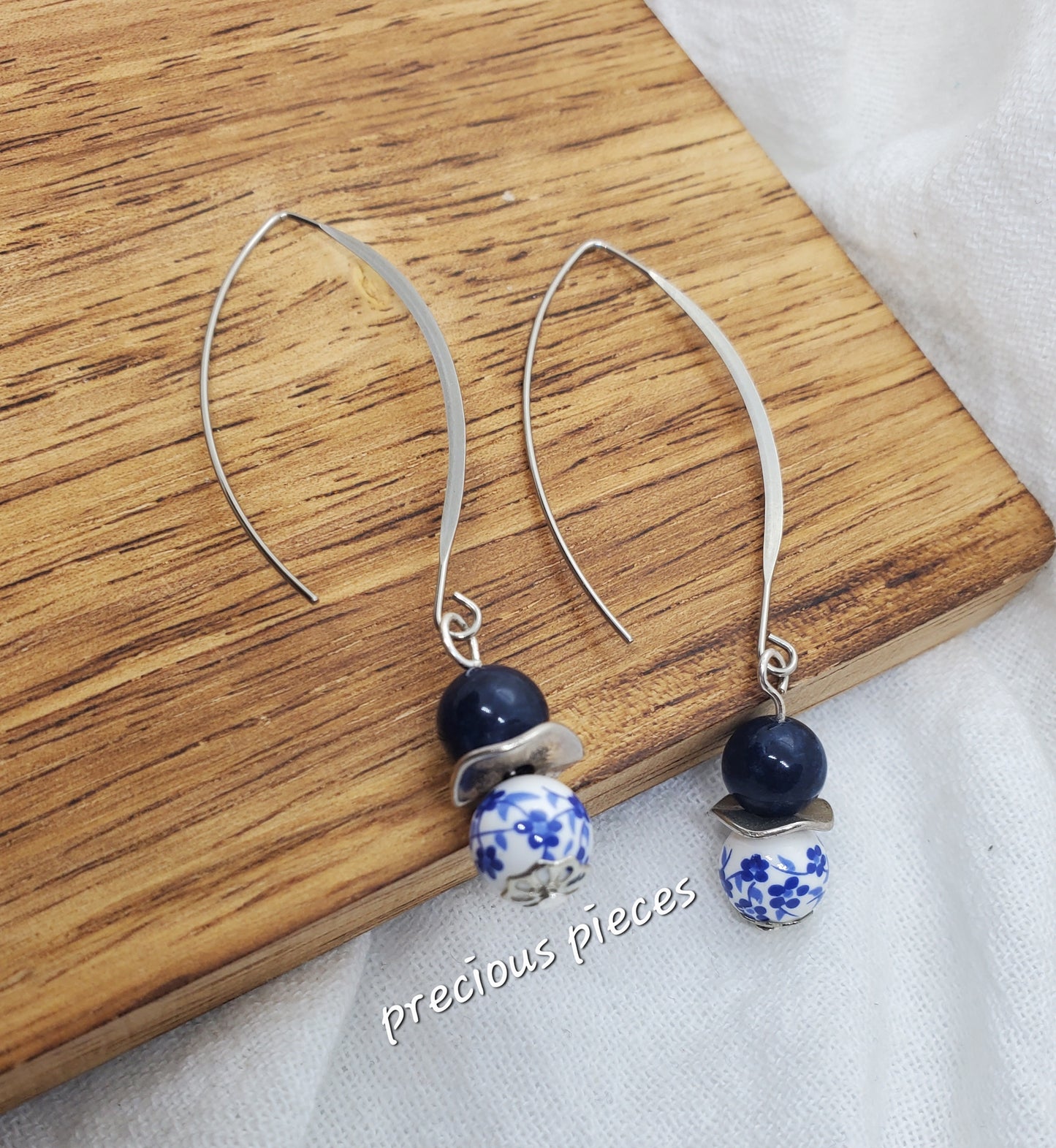 Navy Blue and Floral Earrings