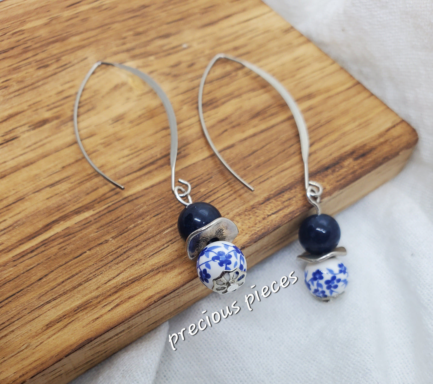 Navy Blue and Floral Earrings