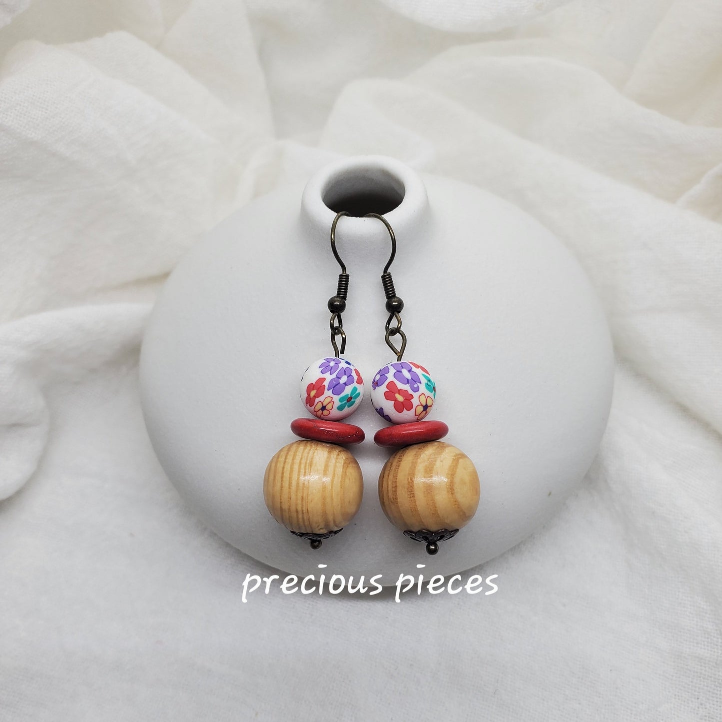 Wood and Clay Flower Earrings