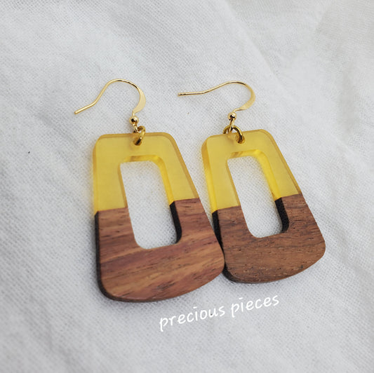 Yellow & Wood Trapezoid Earrings
