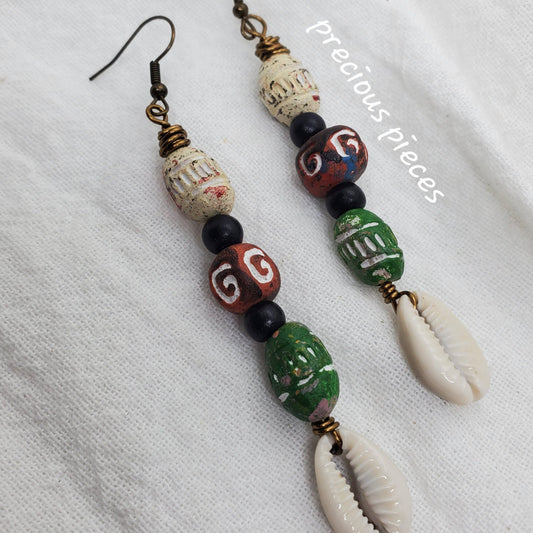 White, Red and Green Clay Beaded Cowrie Shell Earrings.