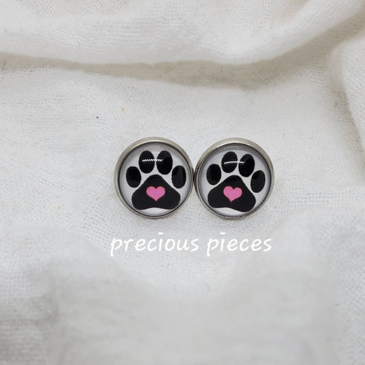 Paw Print Silver Bezel Stud Earrings