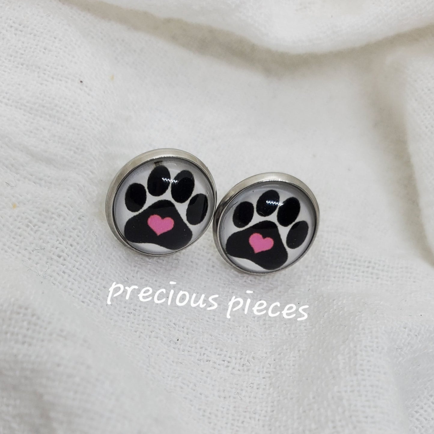 Paw Print Silver Bezel Stud Earrings