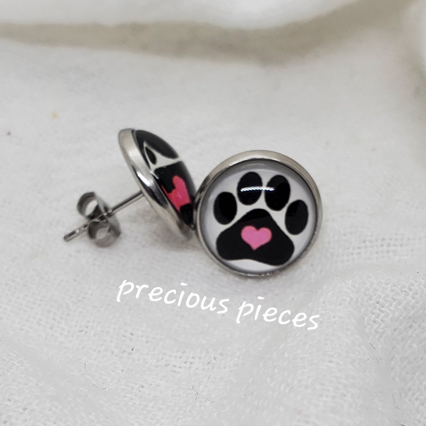 Paw Print Silver Bezel Stud Earrings
