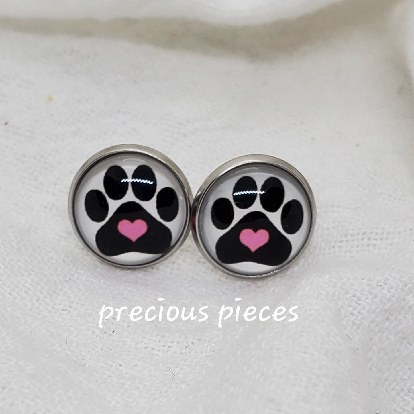 Paw Print Silver Bezel Stud Earrings