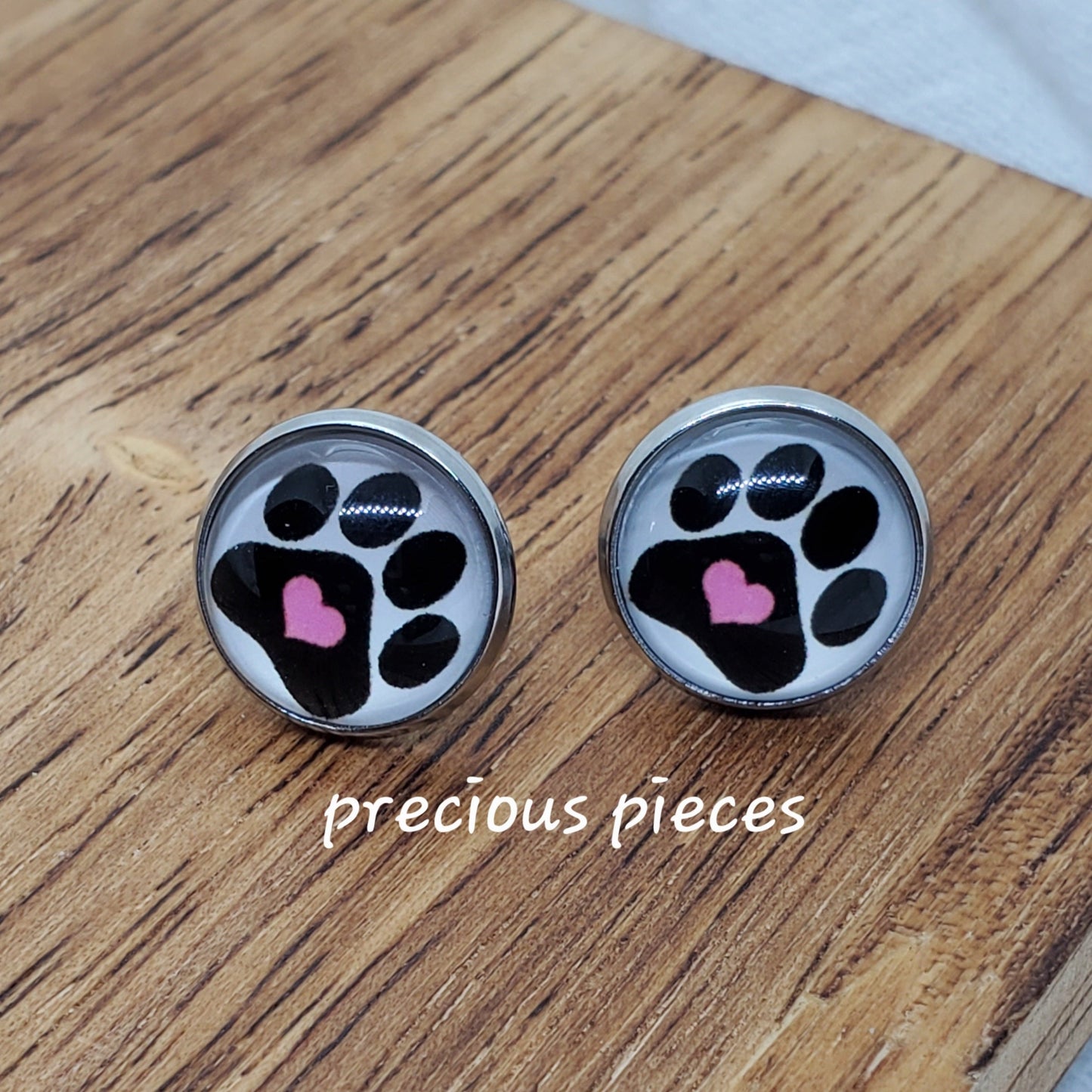 Paw Print Silver Bezel Stud Earrings