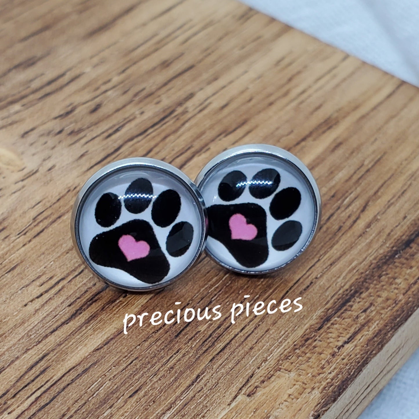 Paw Print Silver Bezel Stud Earrings