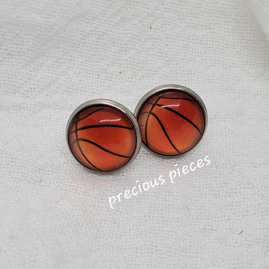 Silver Basketball Cabochon Stud Earrings