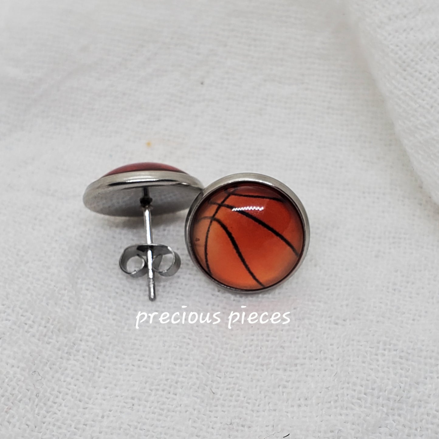 Silver Basketball Cabochon Stud Earrings