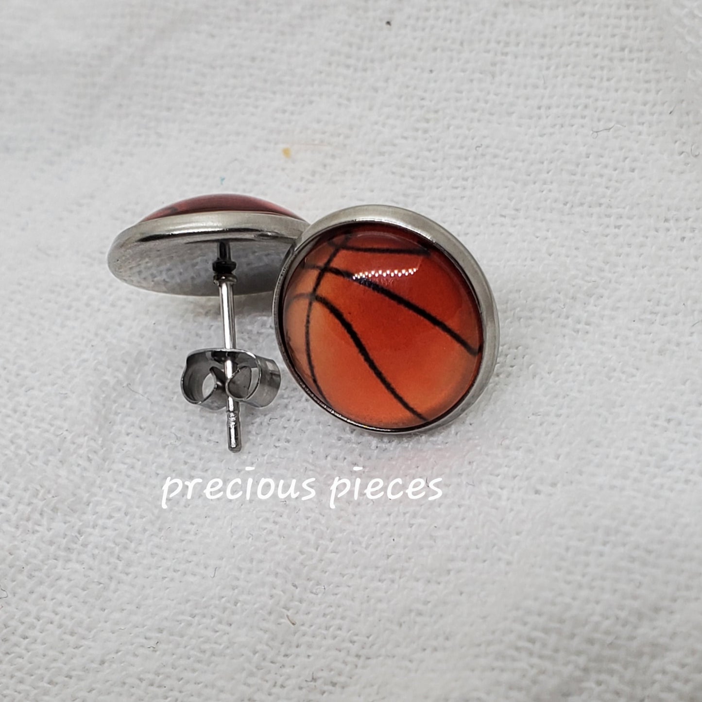 Silver Basketball Cabochon Stud Earrings