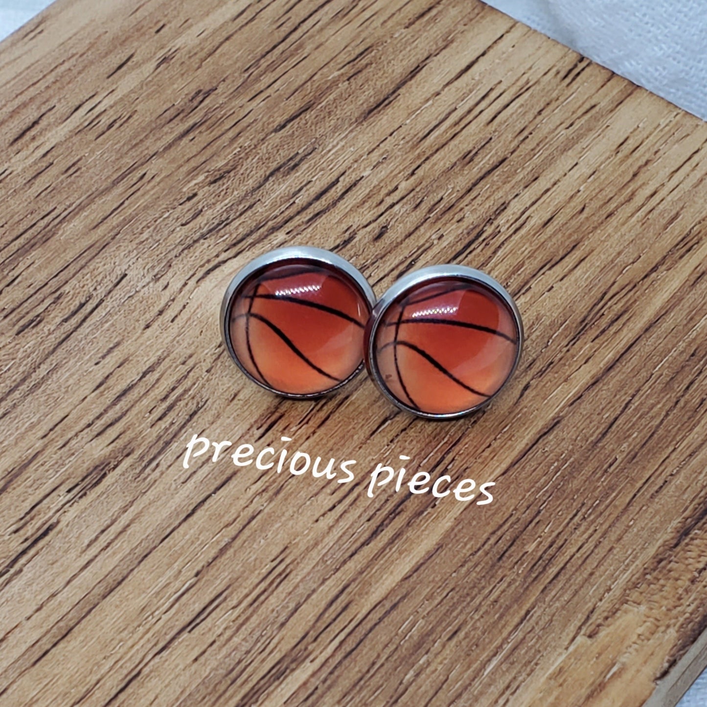 Silver Basketball Cabochon Stud Earrings
