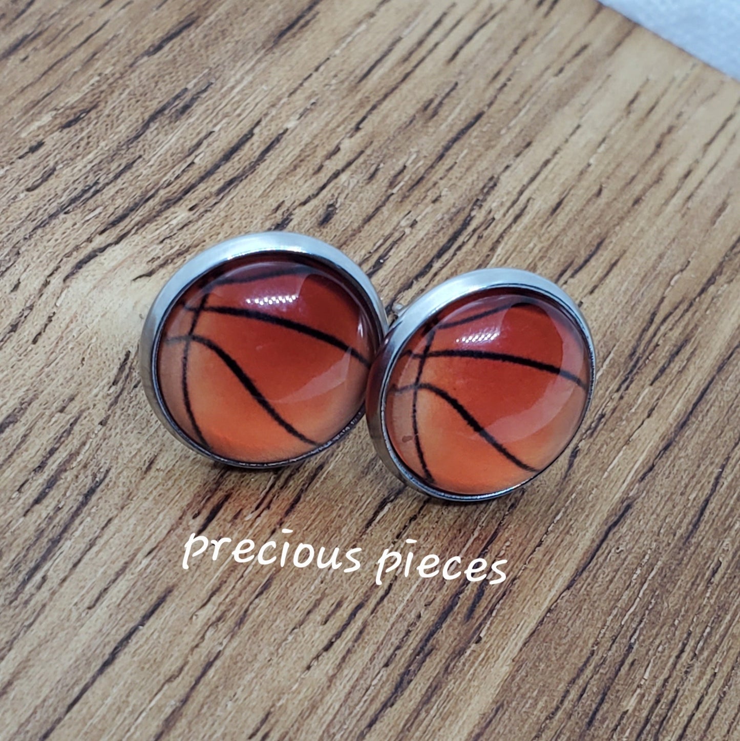 Silver Basketball Cabochon Stud Earrings