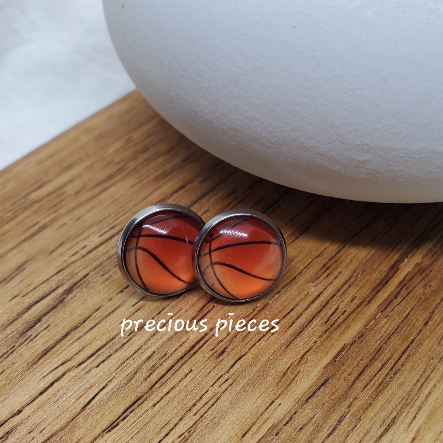 Silver Basketball Cabochon Stud Earrings