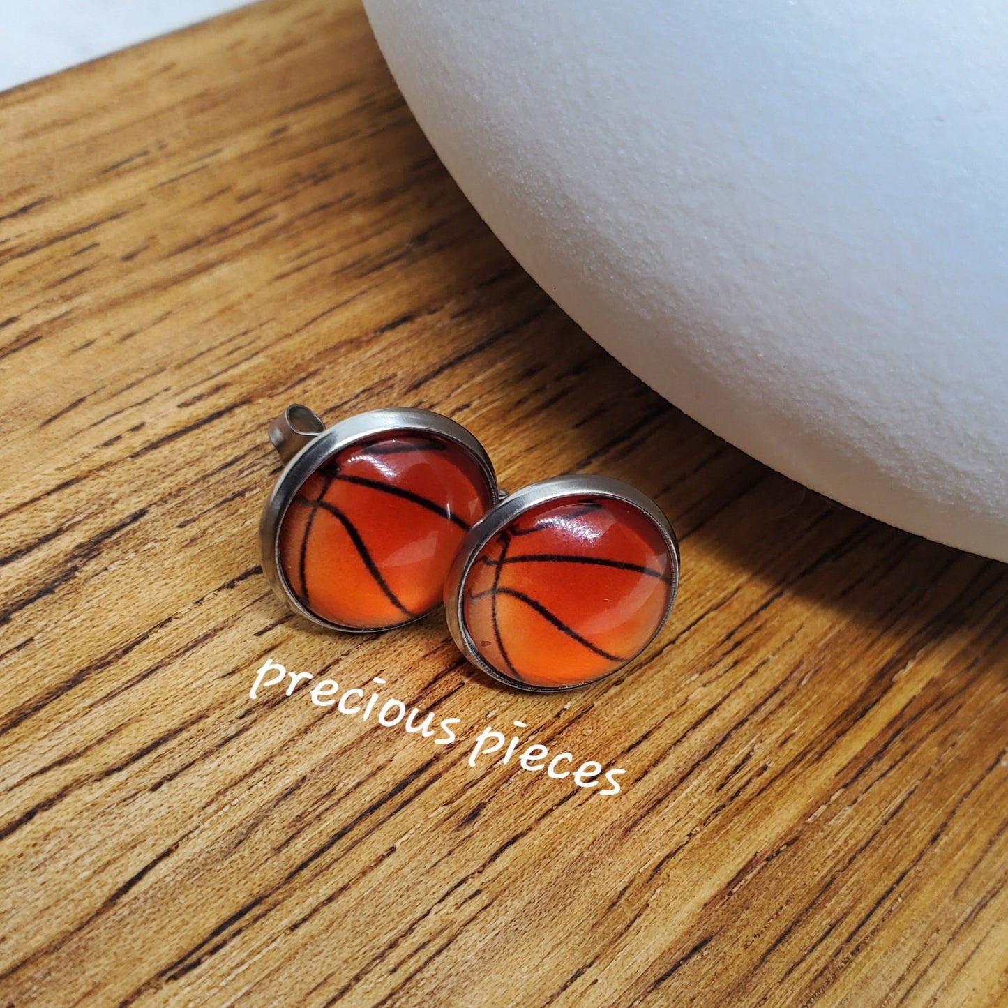 Silver Basketball Cabochon Stud Earrings