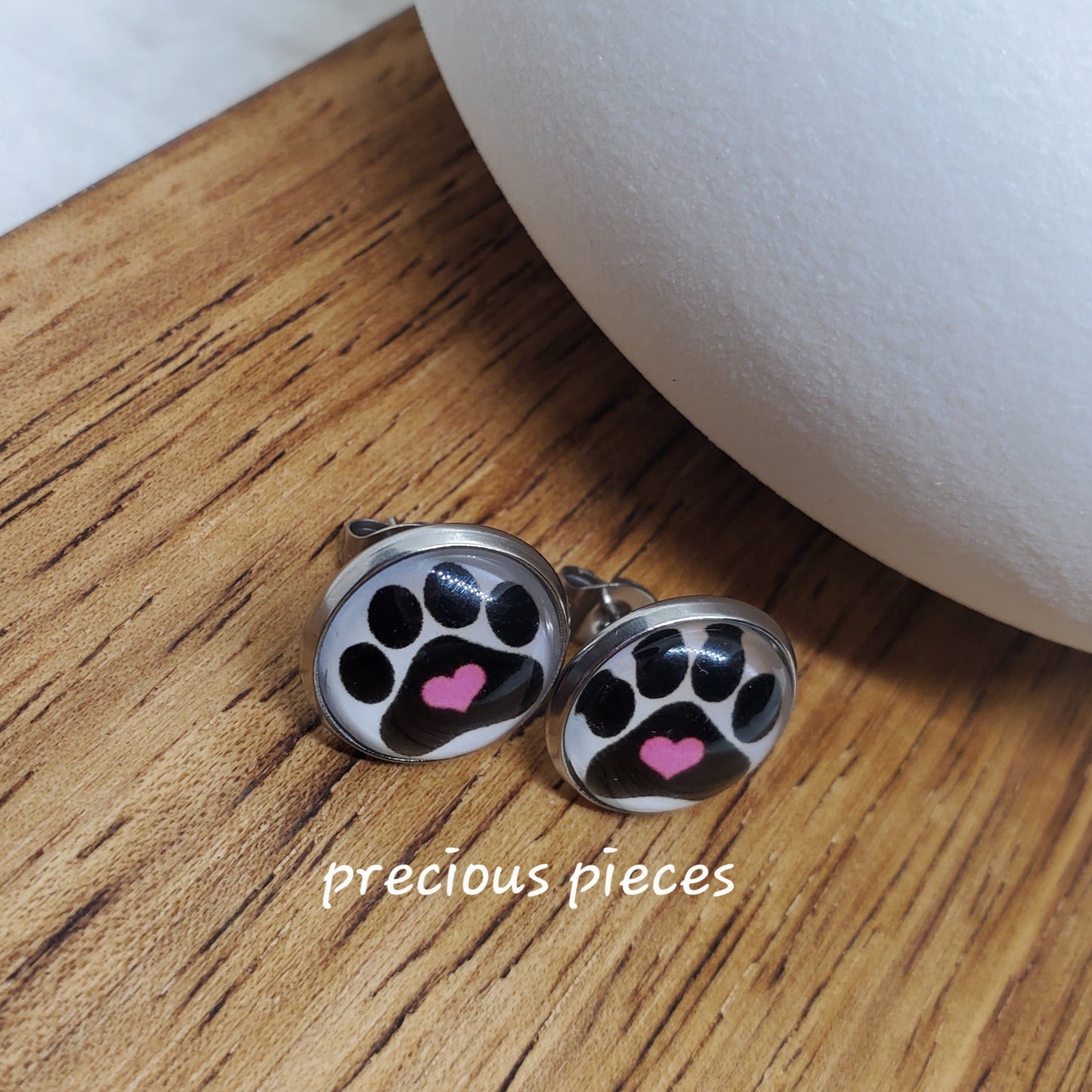 Paw Print Silver Bezel Stud Earrings
