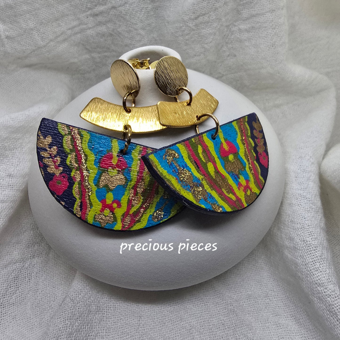 Multicolored and Brass Half Circle Earrings