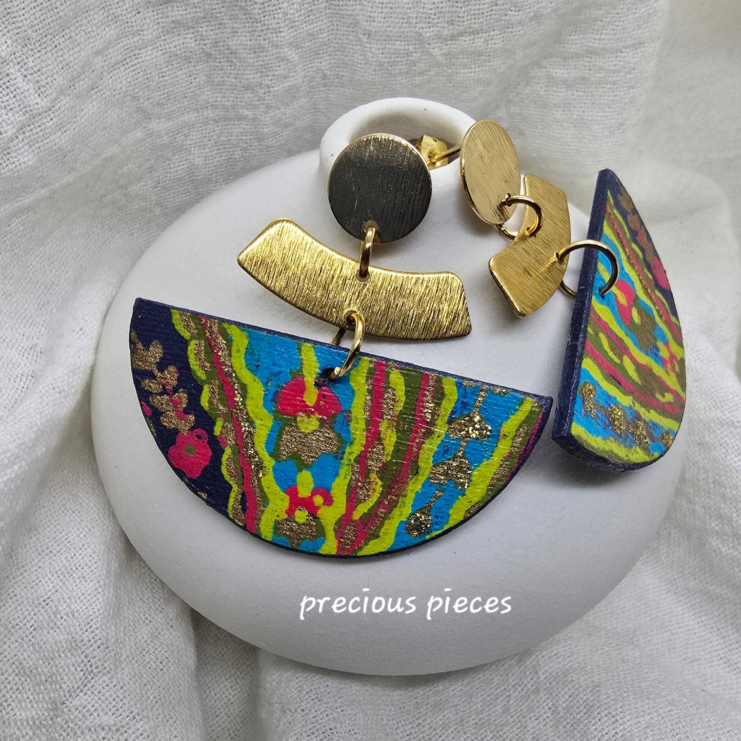 Multicolored and Brass Half Circle Earrings