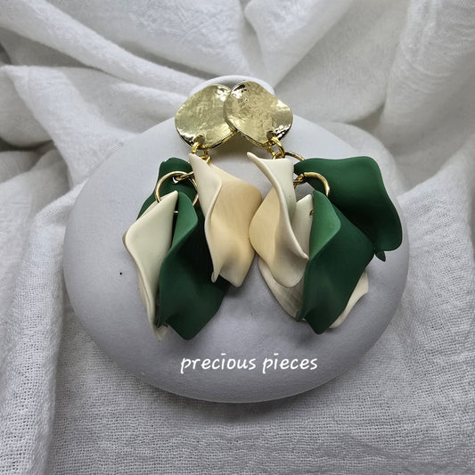 Acrylic Green and Beige Flower Petal Earrings