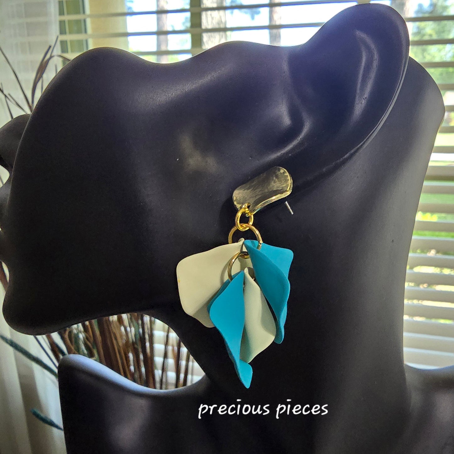 Acrylic Teal and Cream Flower Petal Earrings