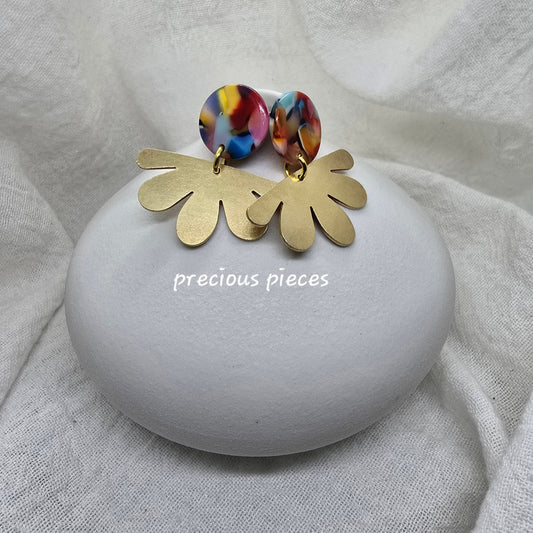 Brass Flower and Marble Earrings