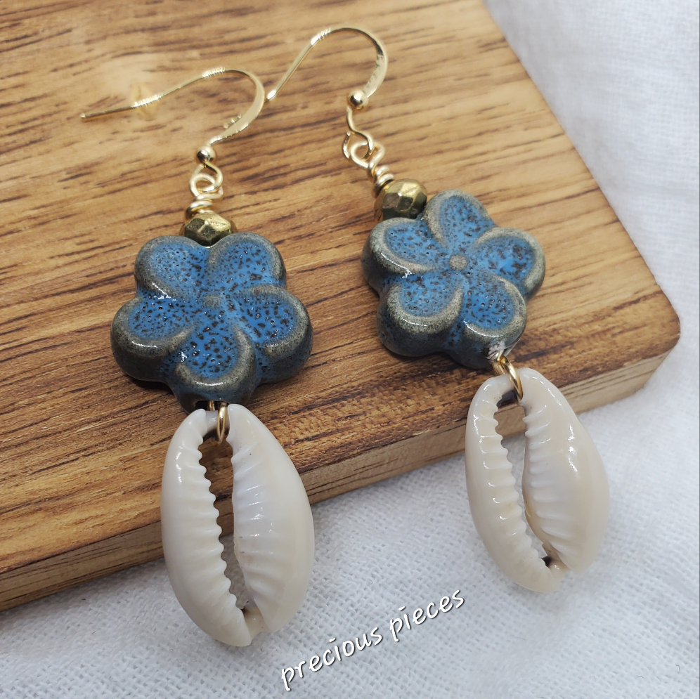 Ceramic Flower Cowrie Shell Earrings