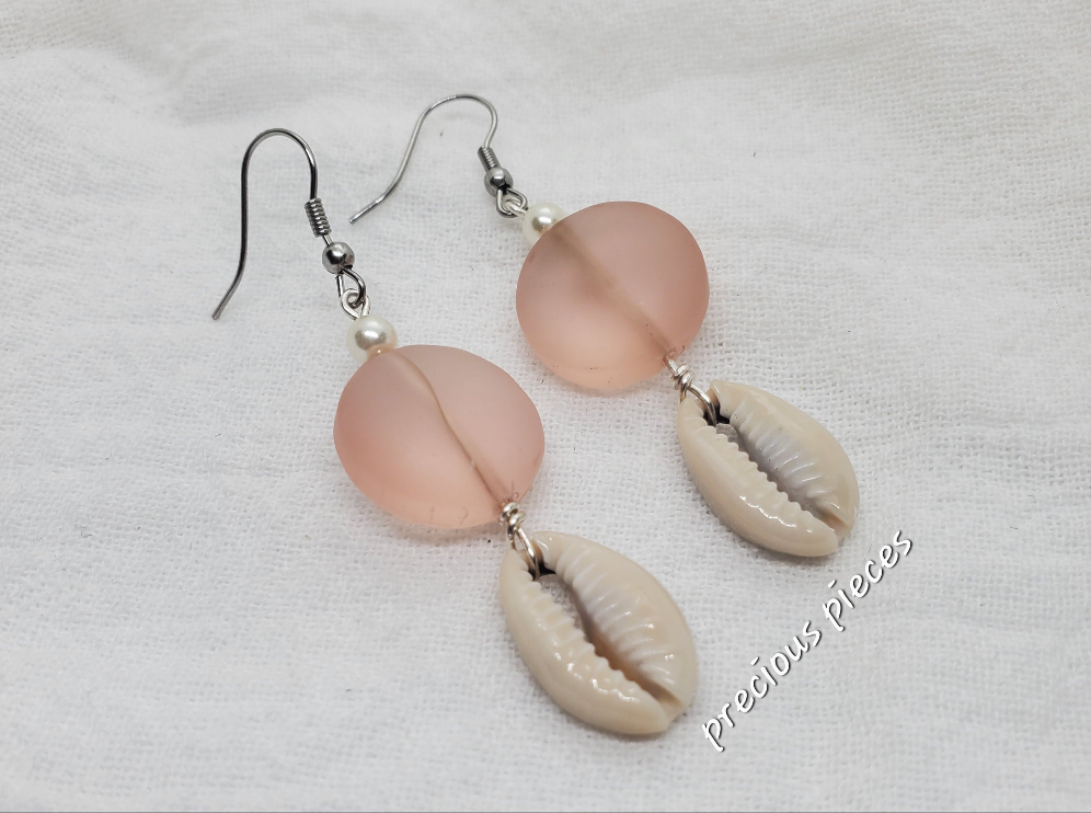 Pink Puffy Glass Beaded Cowrie Shell Earrings