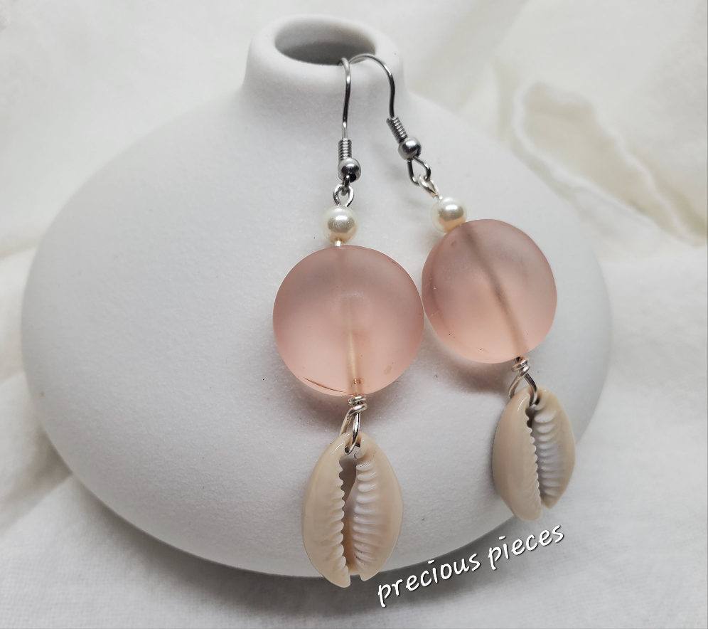 Pink Puffy Glass Beaded Cowrie Shell Earrings