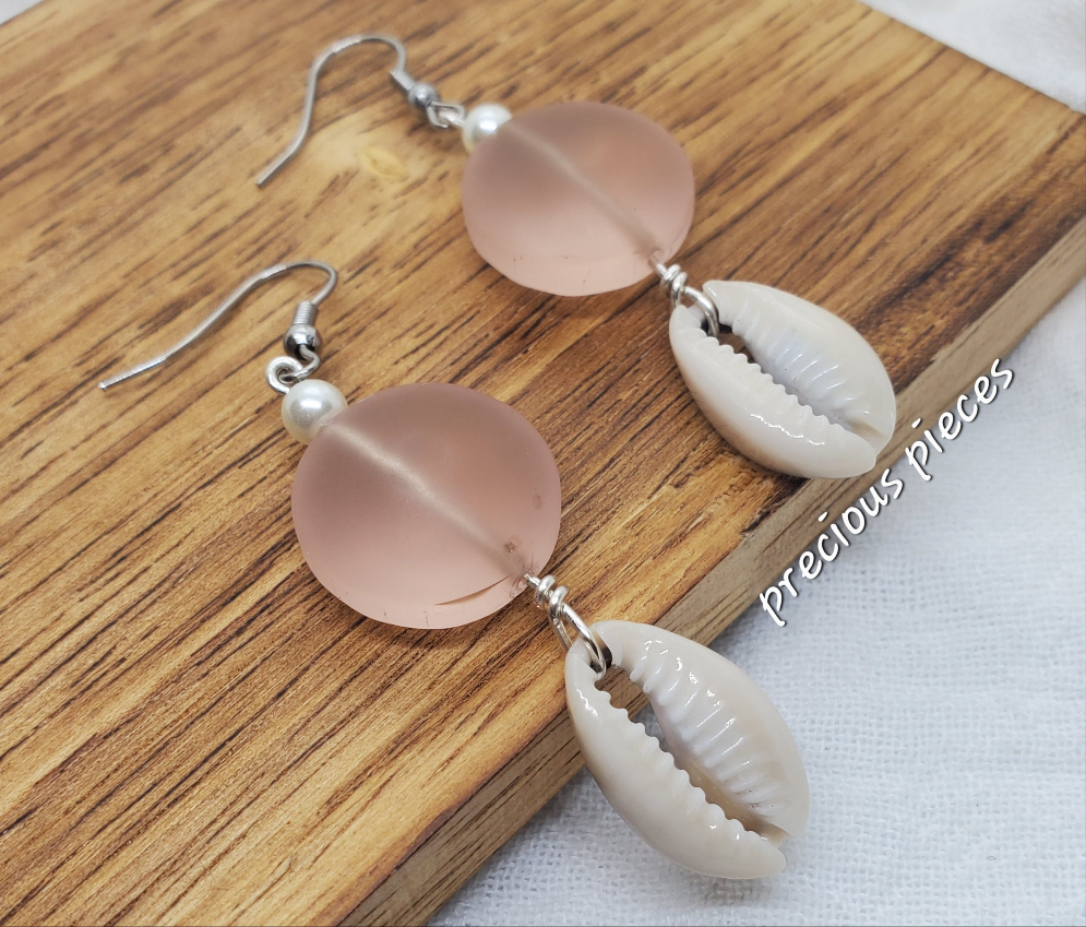 Pink Puffy Glass Beaded Cowrie Shell Earrings