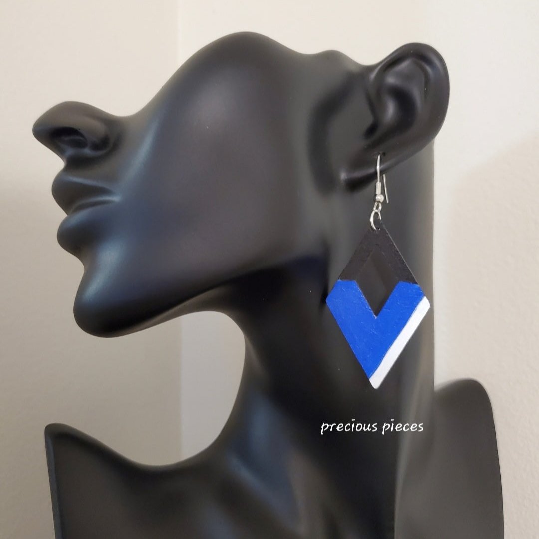 Blue, Black, and White Wood Earrings