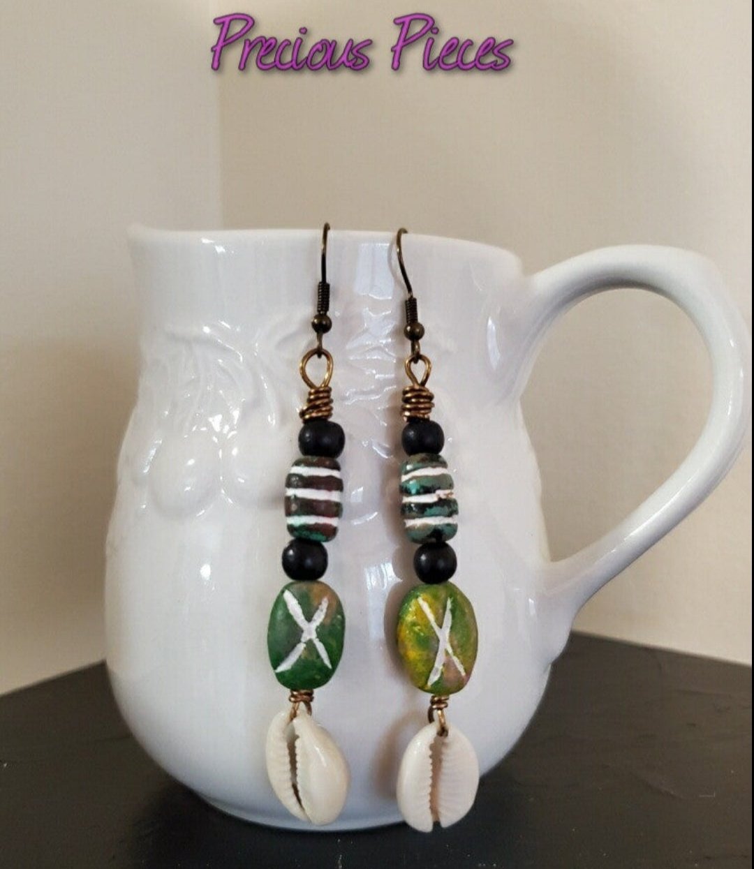 Black and Green Beaded Cowrie Shell Earrings