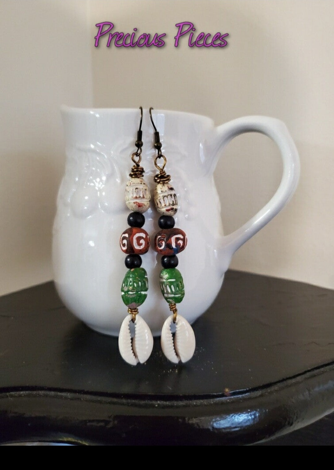 White, Red and Green Clay Beaded Cowrie Shell Earrings.