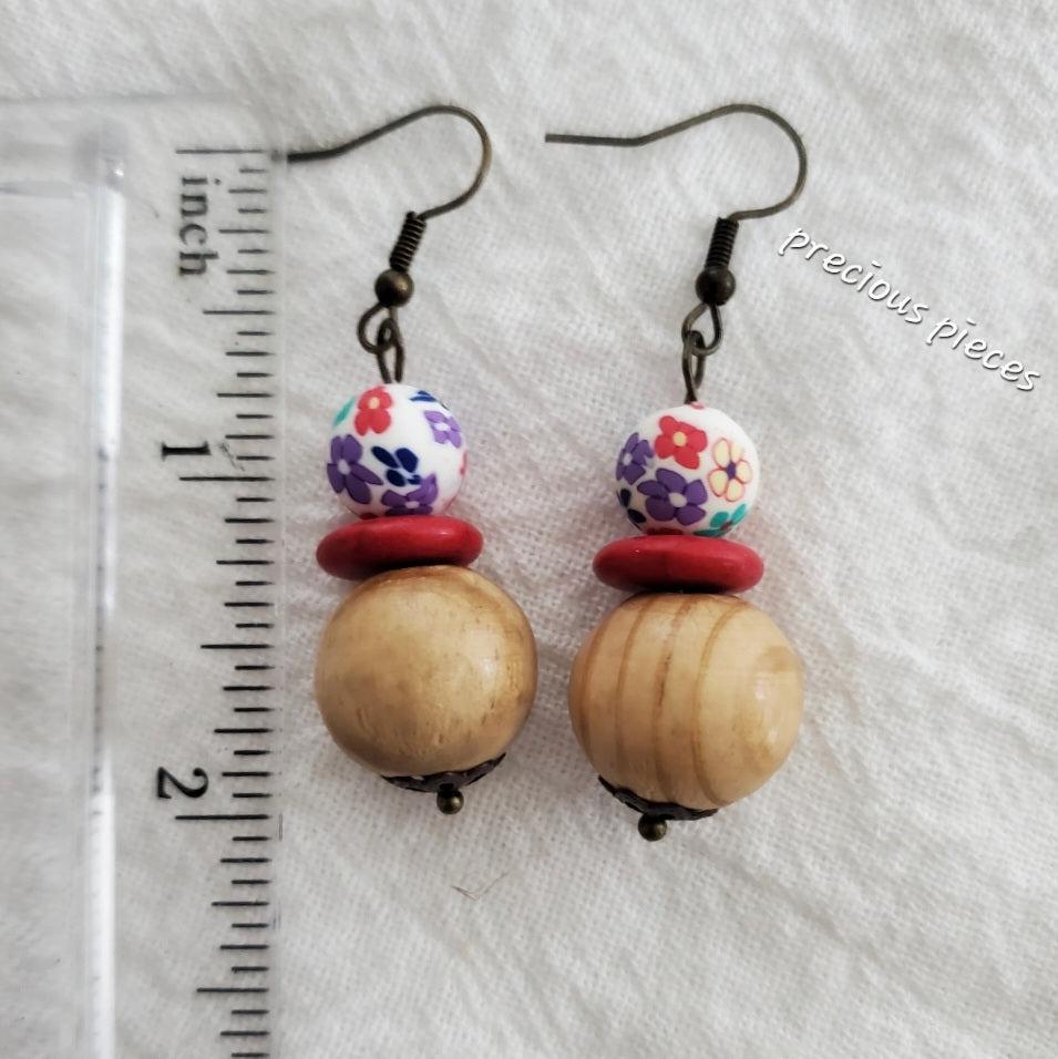 Wood and Clay Flower Earrings