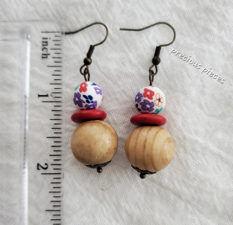 Wood and Clay Flower Earrings