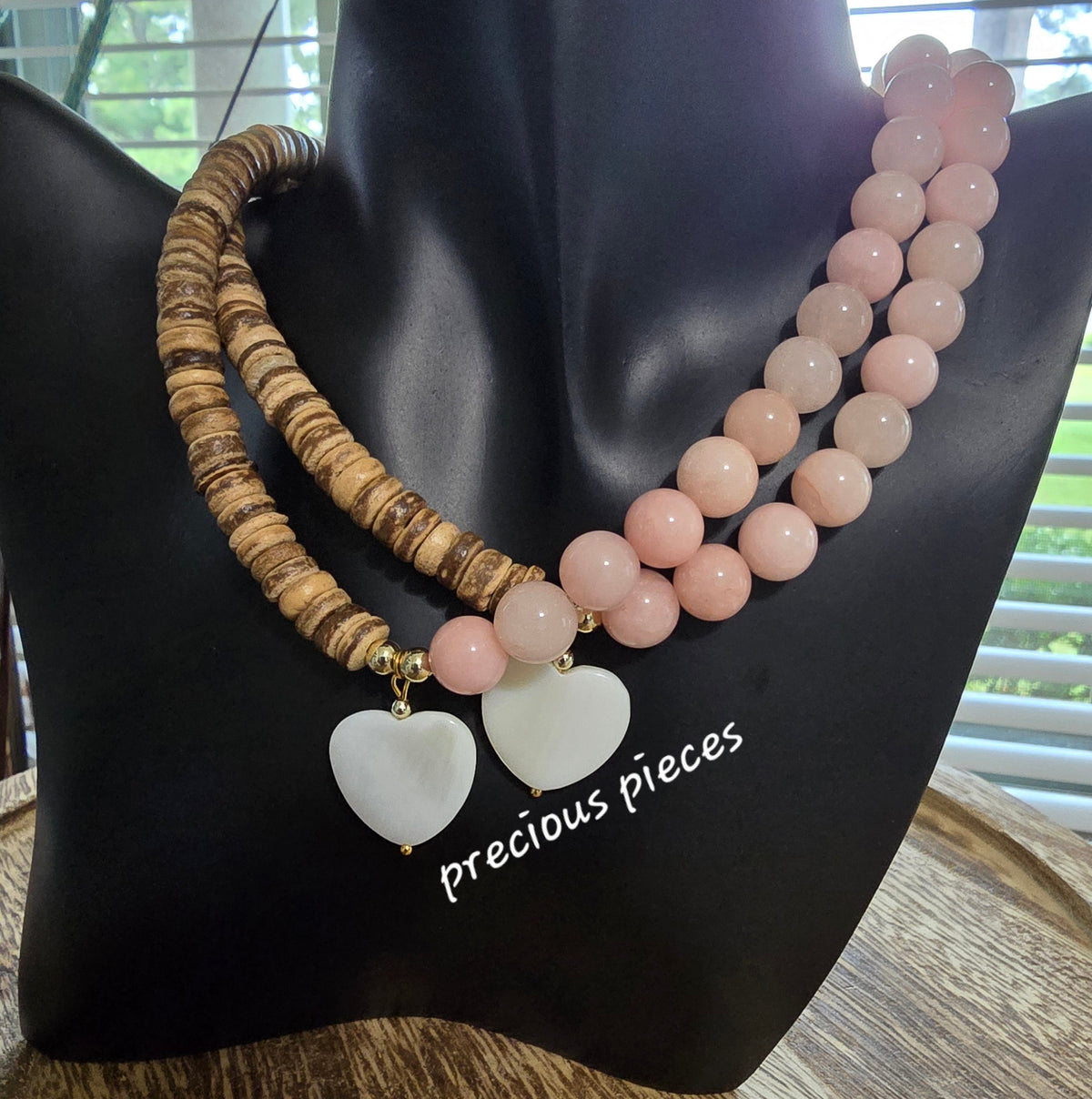 Wooden Heishi and Rose Quartz Beaded Necklace