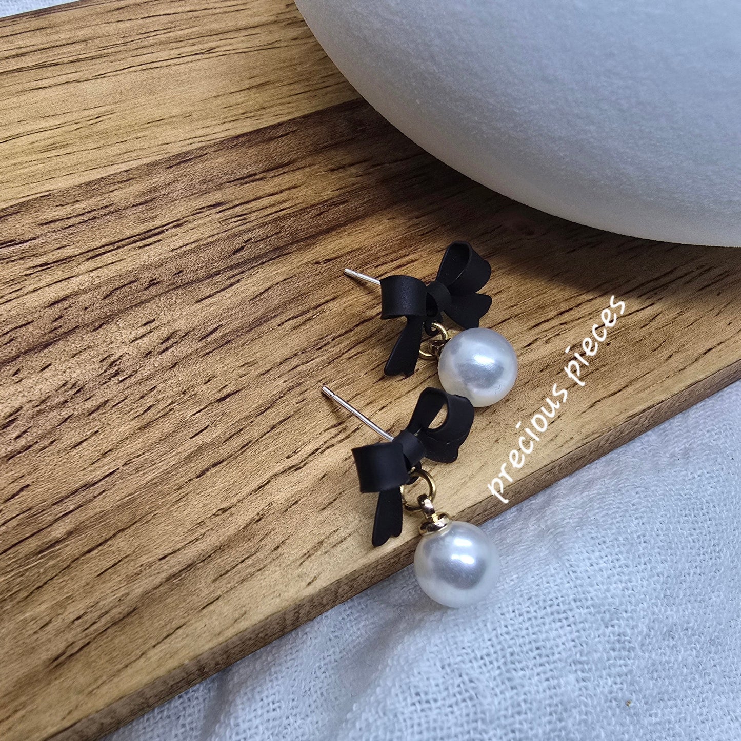 Black Bow and Pearl Earrings