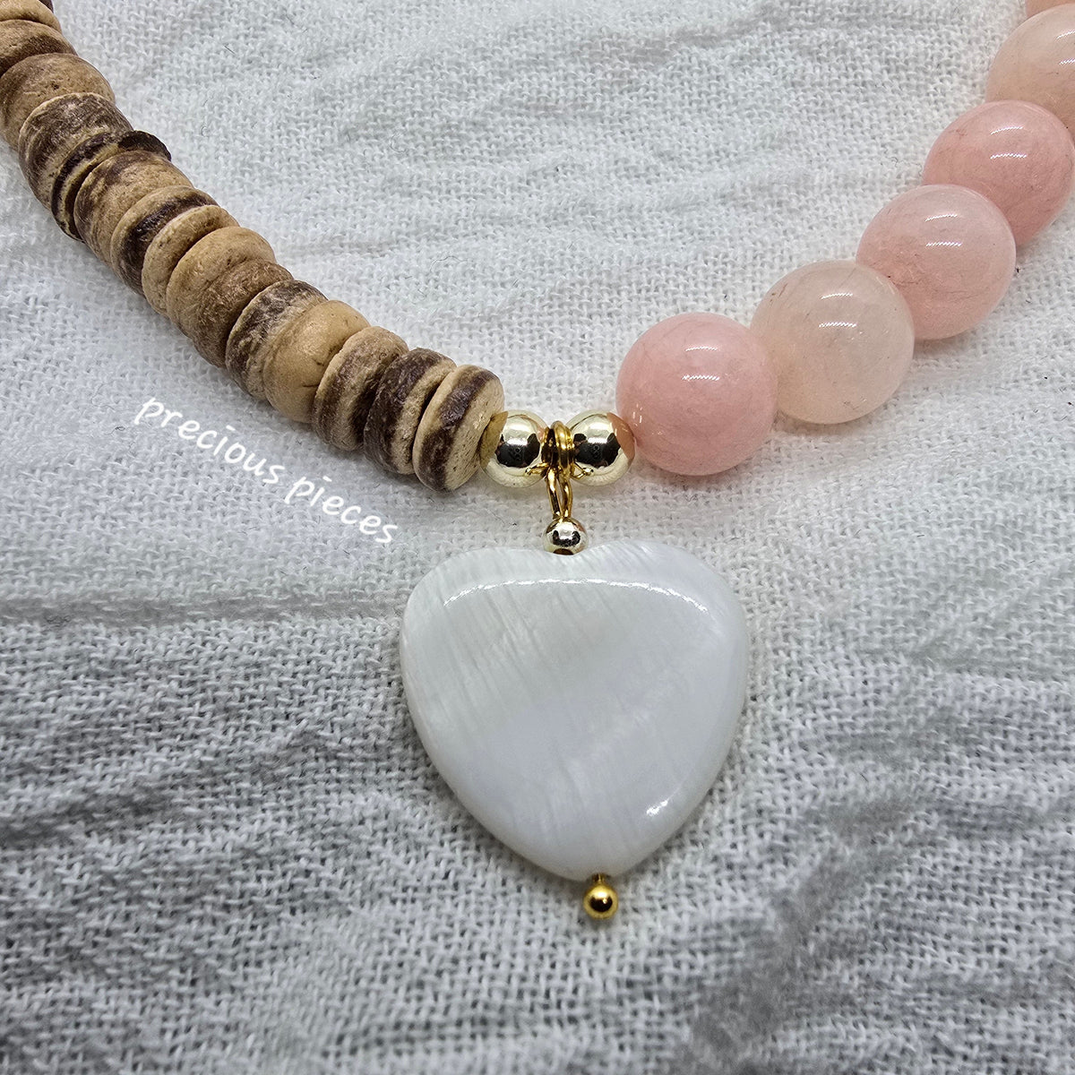 Wooden Heishi and Rose Quartz Beaded Necklace