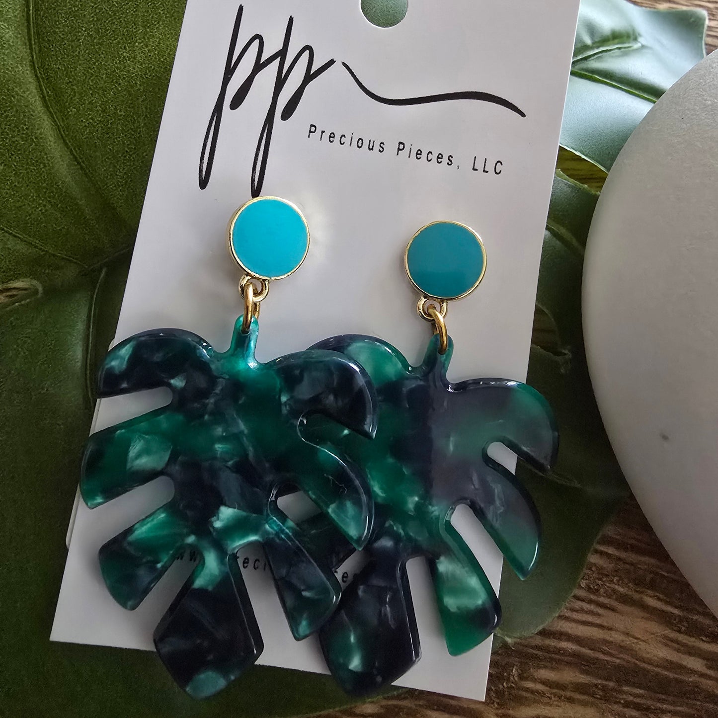 Green Monstera Leaf Earrings