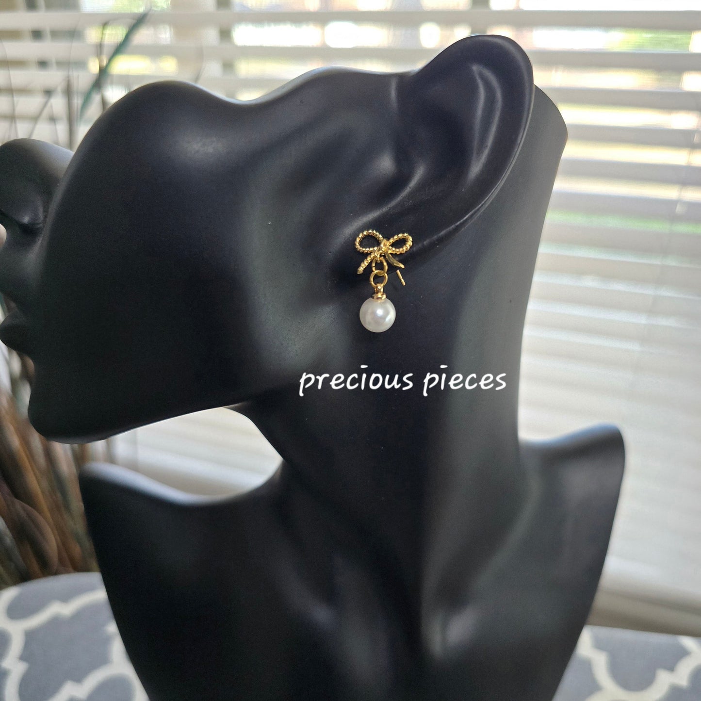 Textured Gold Bow and Pearl Earrings