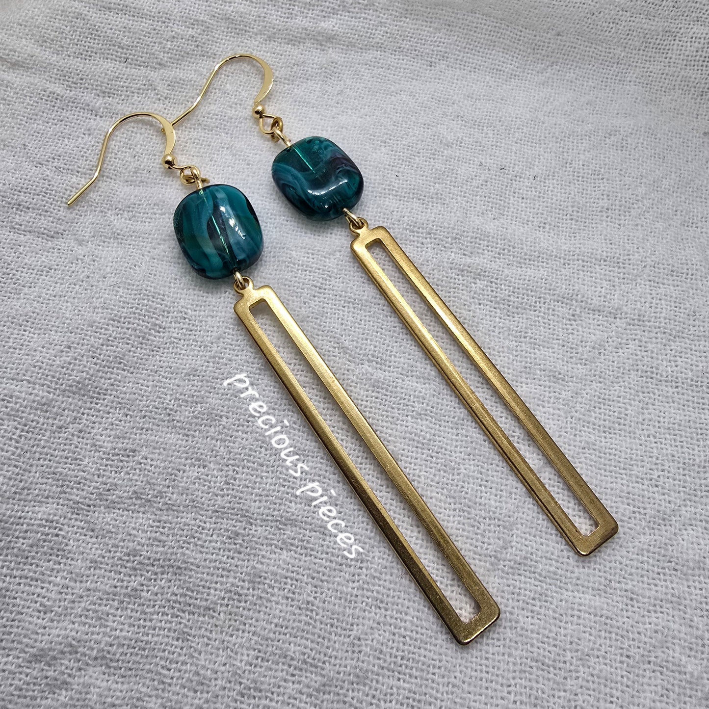 Aqua and Brass Dangle Earrings