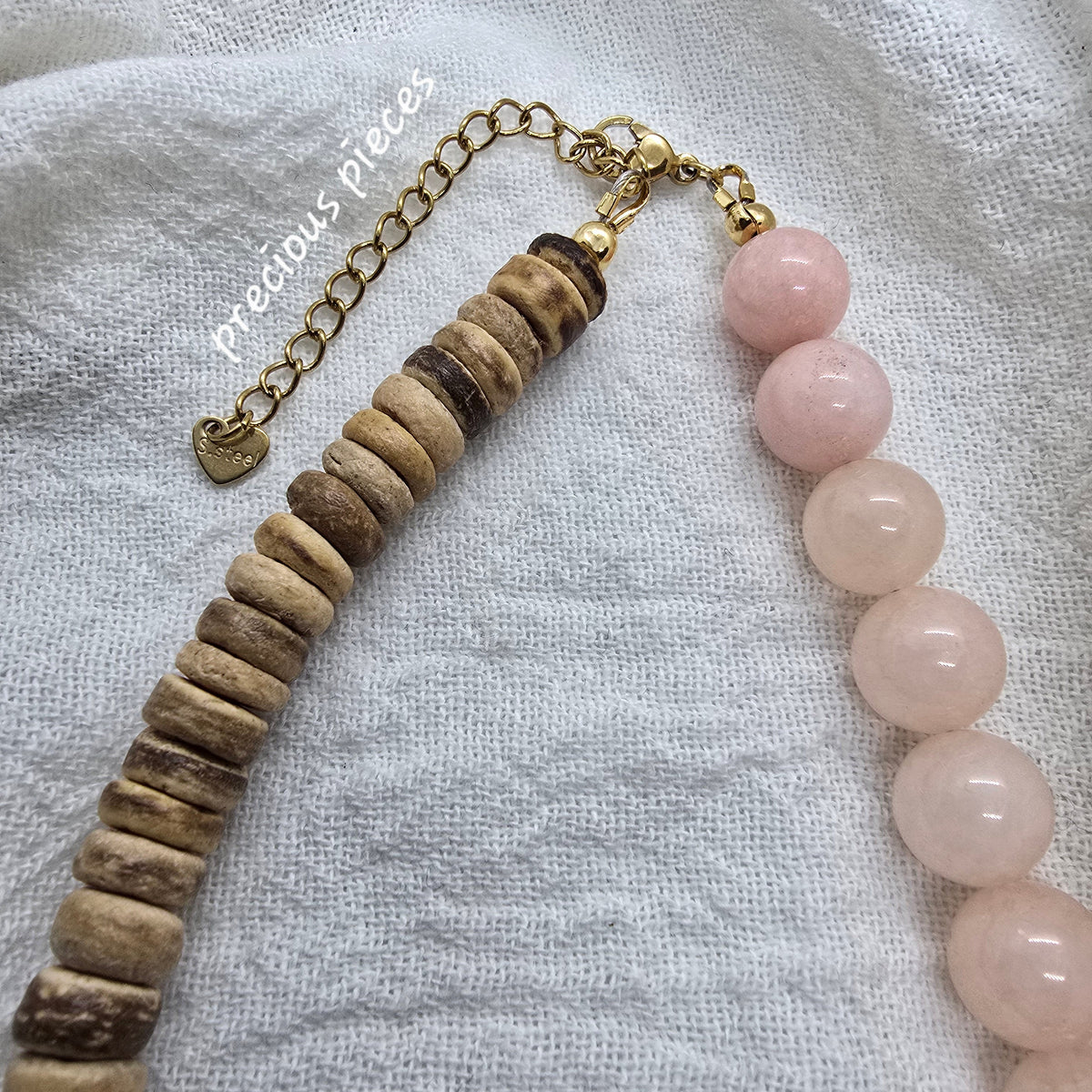 Wooden Heishi and Rose Quartz Beaded Necklace