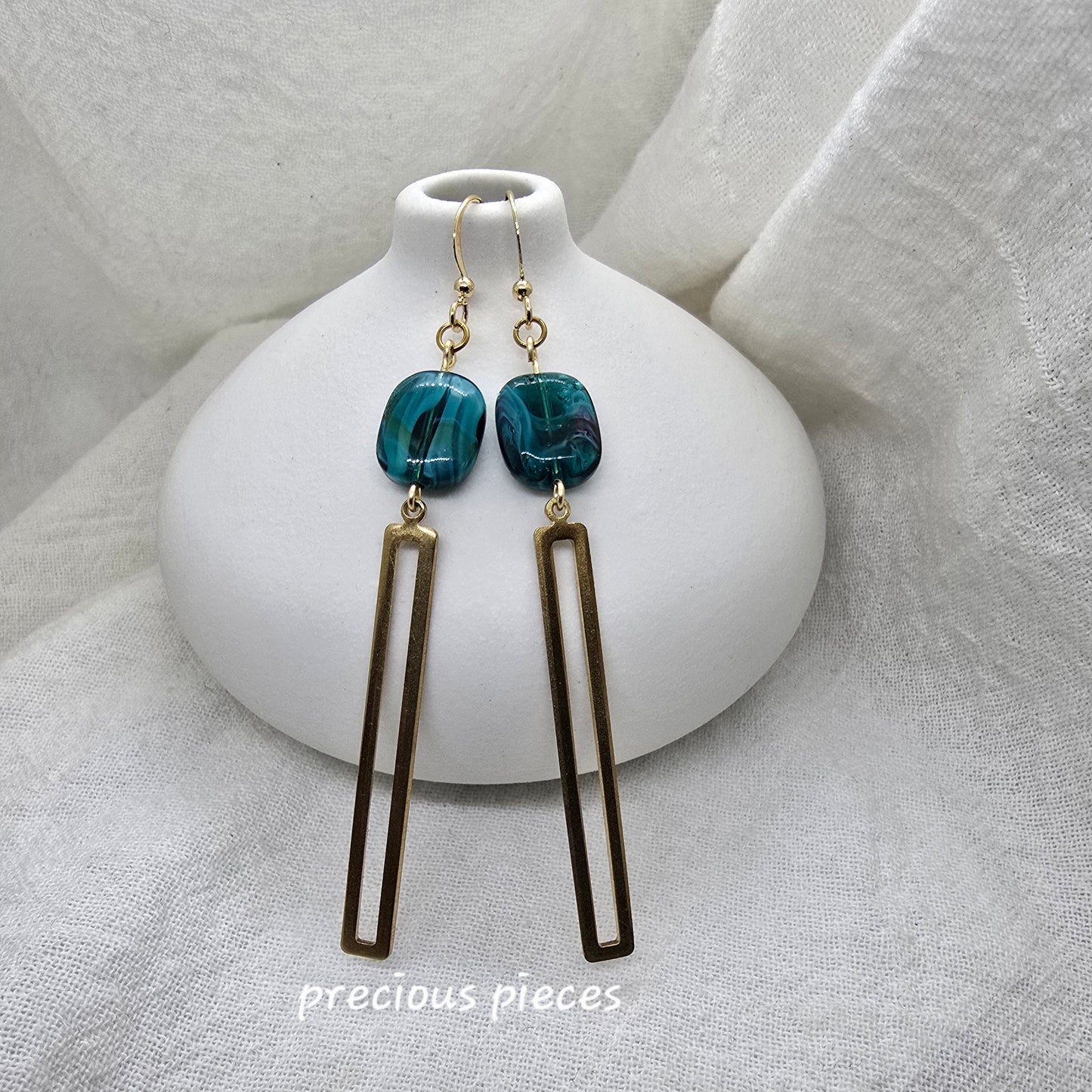 Aqua and Brass Dangle Earrings