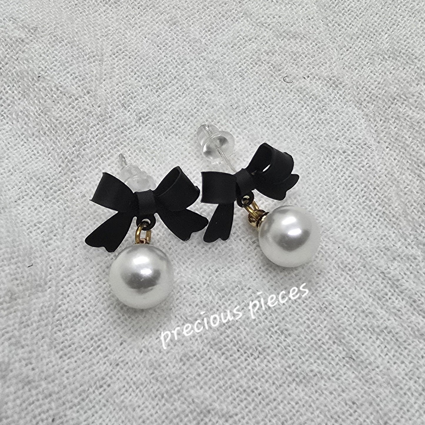 Black Bow and Pearl Earrings
