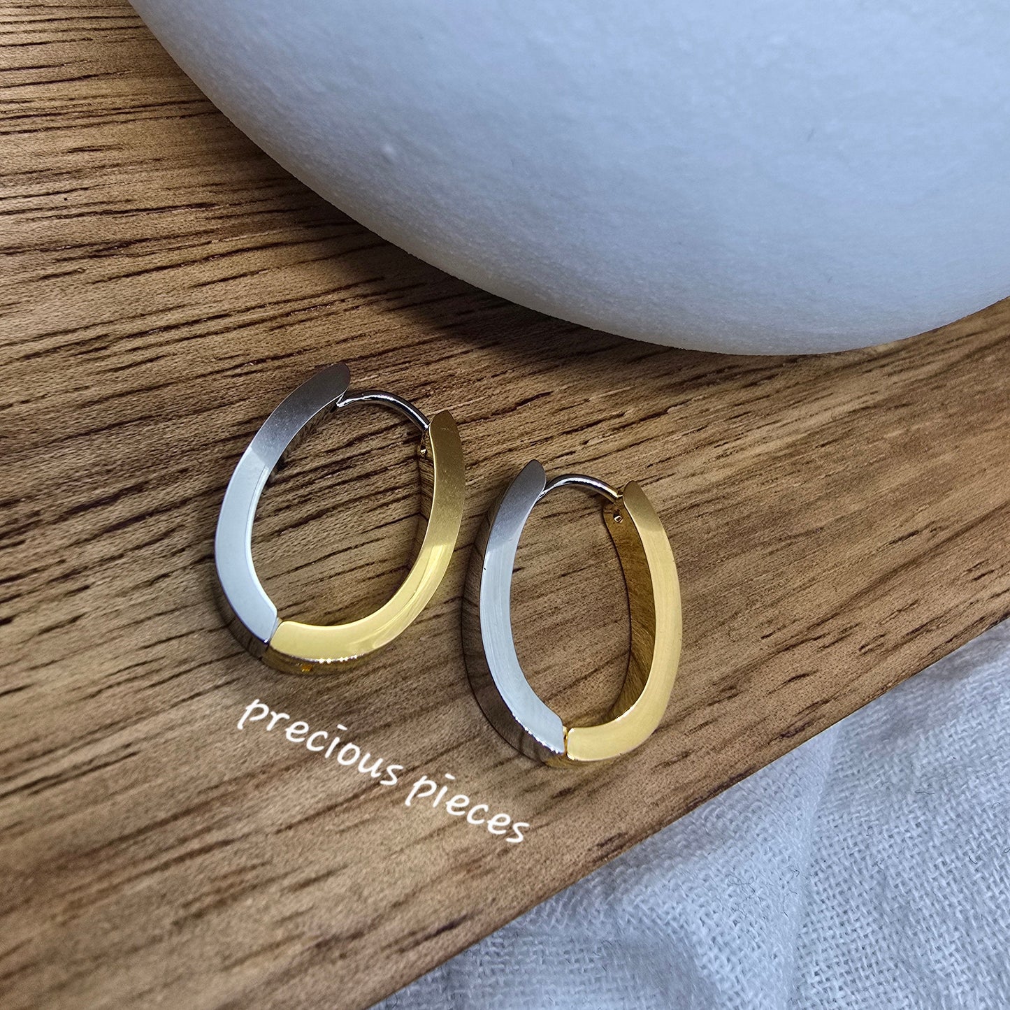 Two-Tone Stainless Steel Oval Hoop Earrings