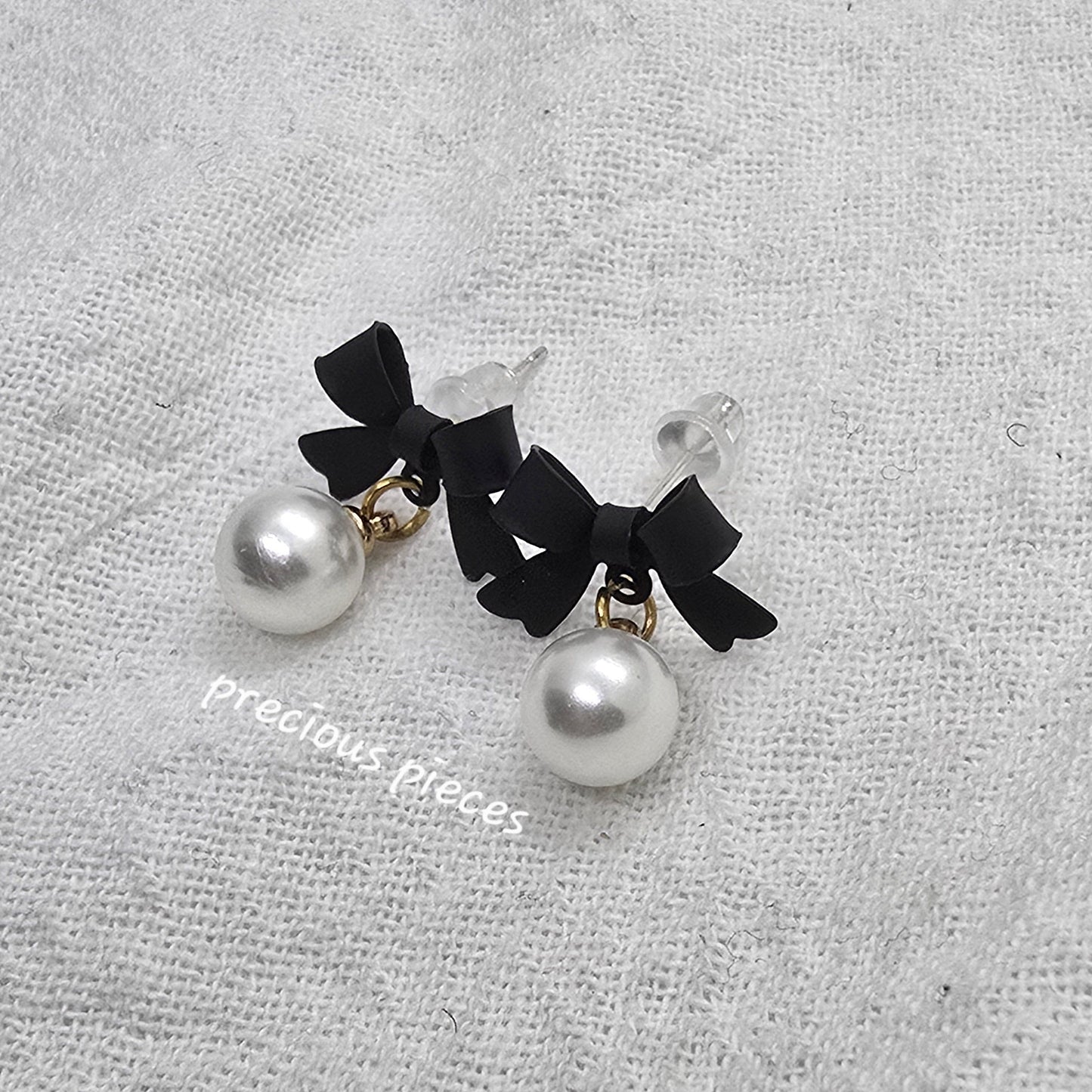 Black Bow and Pearl Earrings